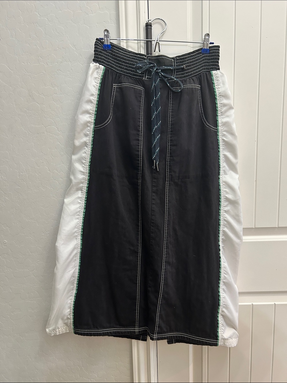 Pilcro for Anthropologie:  Black and White Drawstring Midi Skirt with Green Trim